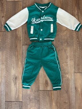 Kids 'Handsome' Green & White Varsity Jacket and Jogger Set